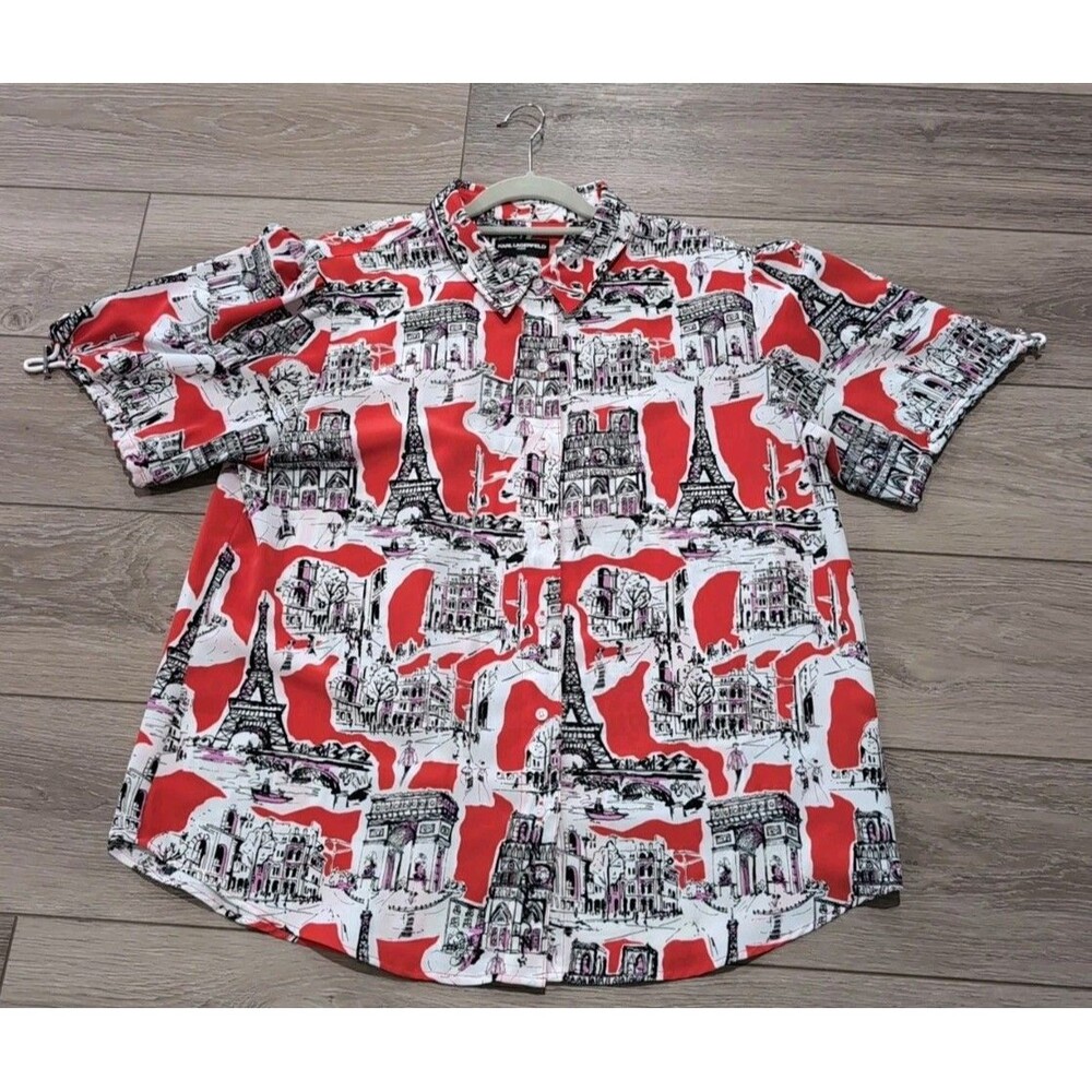 KARL LAGERFIELD PARIS BLOUSE TOP WOMEN'S SIZE XL WHITE/RED/PINK/BLACK EUC